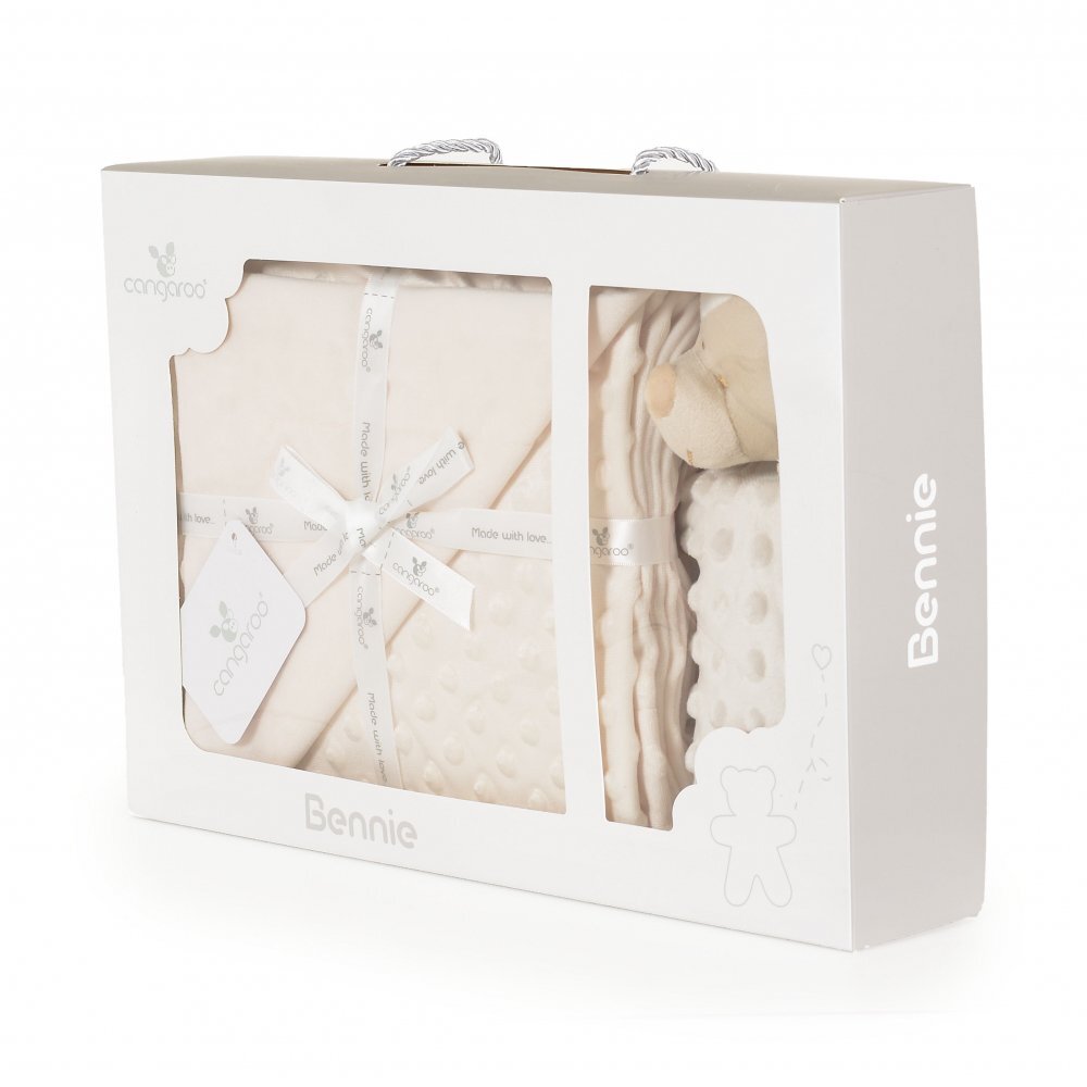 CANGAROO Set paturica 75x100cm si jucarie de atasament Bennie Beige din bumbac Minkyin cutie cadou eleganta