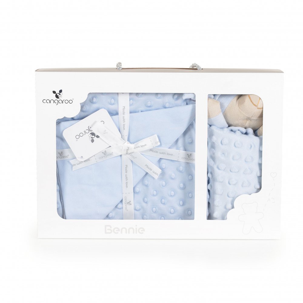 CANGAROO Set paturica 75x100cm si jucarie de atasament Bennie Blue din bumbac Minkyin cutie cadou eleganta
