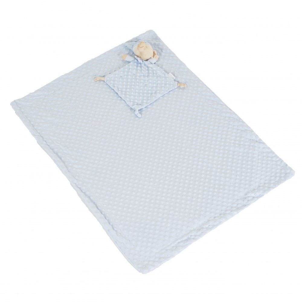 CANGAROO Set paturica 75x100cm si jucarie de atasament Bennie Blue din bumbac Minkyin cutie cadou eleganta