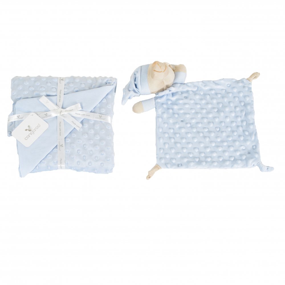 CANGAROO Set paturica 75x100cm si jucarie de atasament Bennie Blue din bumbac Minkyin cutie cadou eleganta