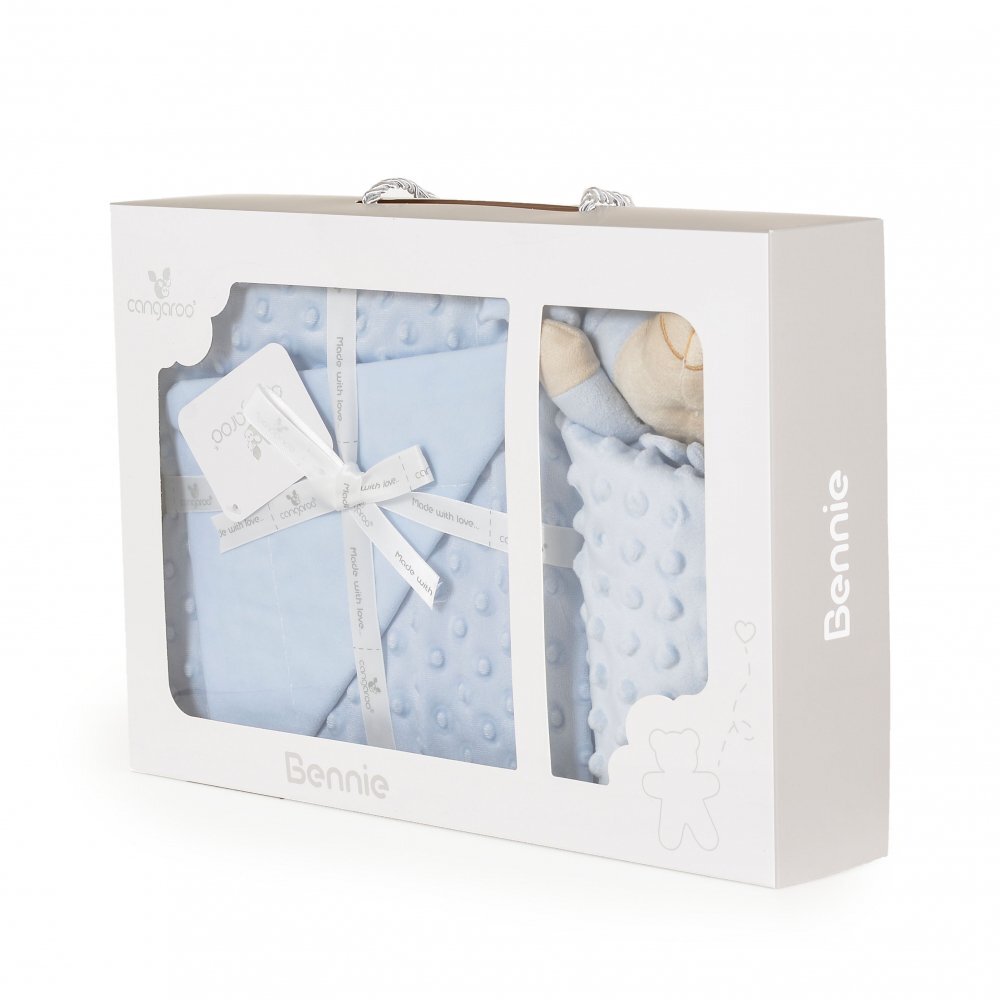 CANGAROO Set paturica 75x100cm si jucarie de atasament Bennie Blue din bumbac Minkyin cutie cadou eleganta