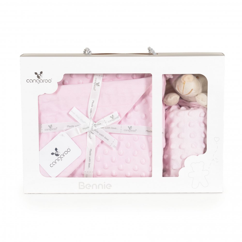 CANGAROO Set paturica 75x100cm si jucarie de atasament Bennie Pink din bumbac Minkyin cutie cadou eleganta