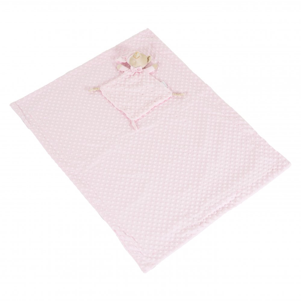 CANGAROO Set paturica 75x100cm si jucarie de atasament Bennie Pink din bumbac Minkyin cutie cadou eleganta