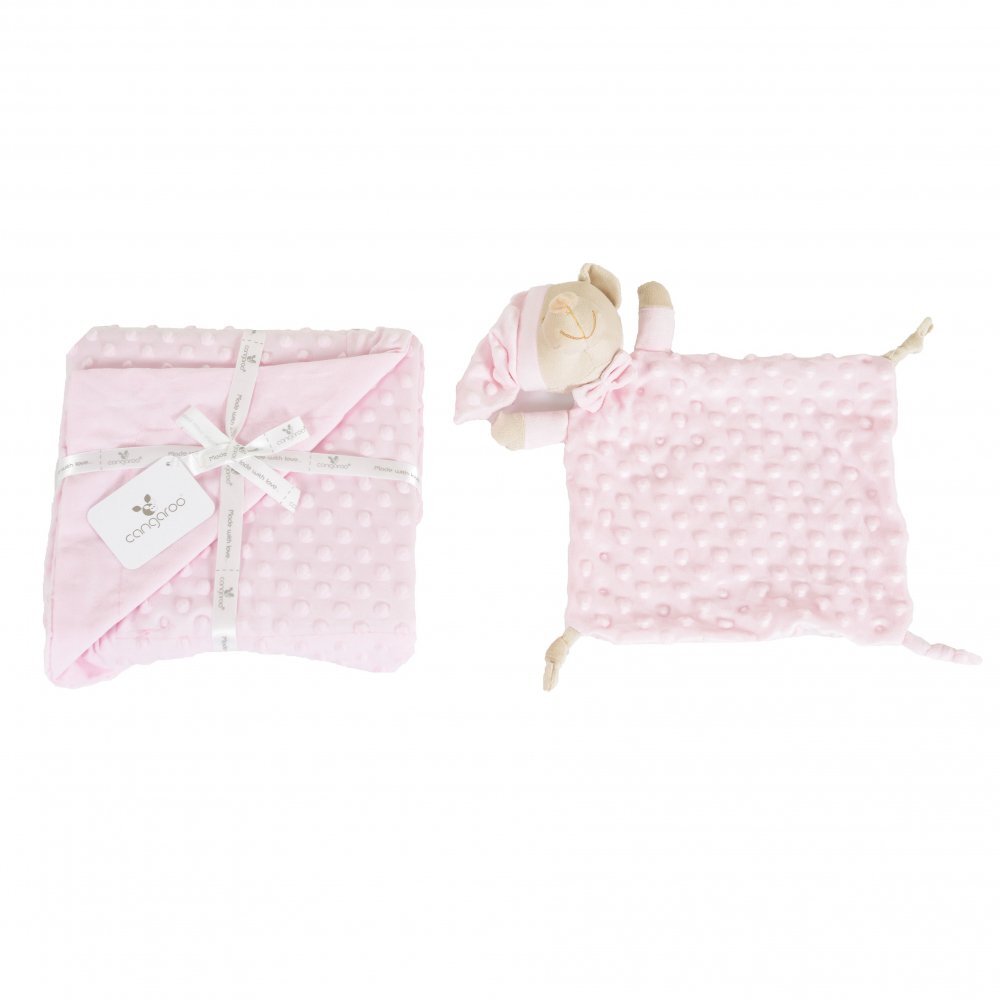 CANGAROO Set paturica 75x100cm si jucarie de atasament Bennie Pink din bumbac Minkyin cutie cadou eleganta