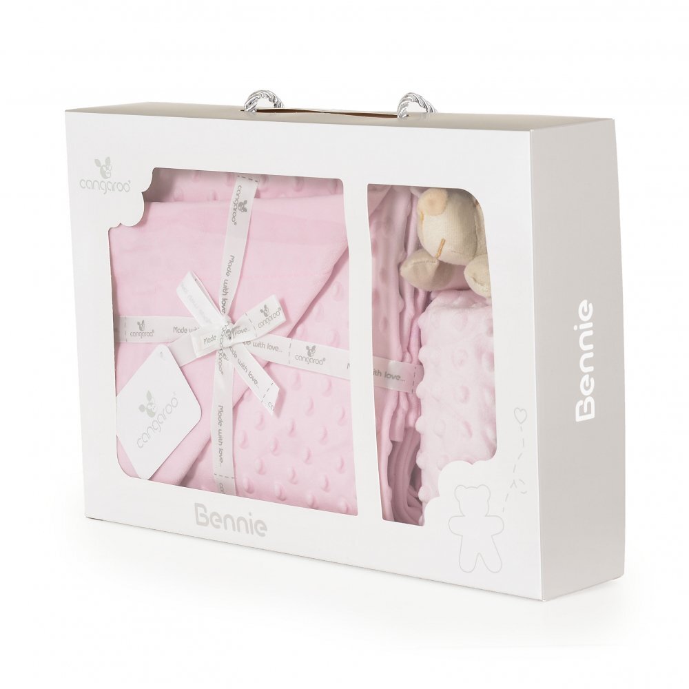 CANGAROO Set paturica 75x100cm si jucarie de atasament Bennie Pink din bumbac Minkyin cutie cadou eleganta