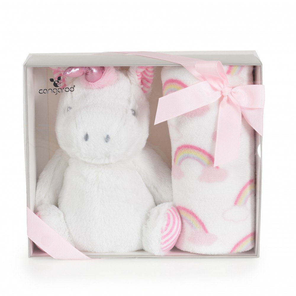 CANGAROO Set Paturica 90x75cm si Jucarie din plus 23cm pentru copii Rainbow Unicorndin material moaleideala pentru carucior sau patut