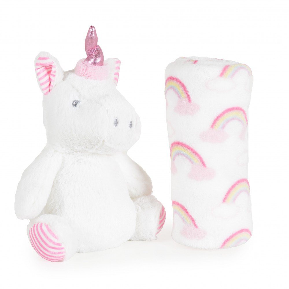 CANGAROO Set Paturica 90x75cm si Jucarie din plus 23cm pentru copii Rainbow Unicorndin material moaleideala pentru carucior sau patut
