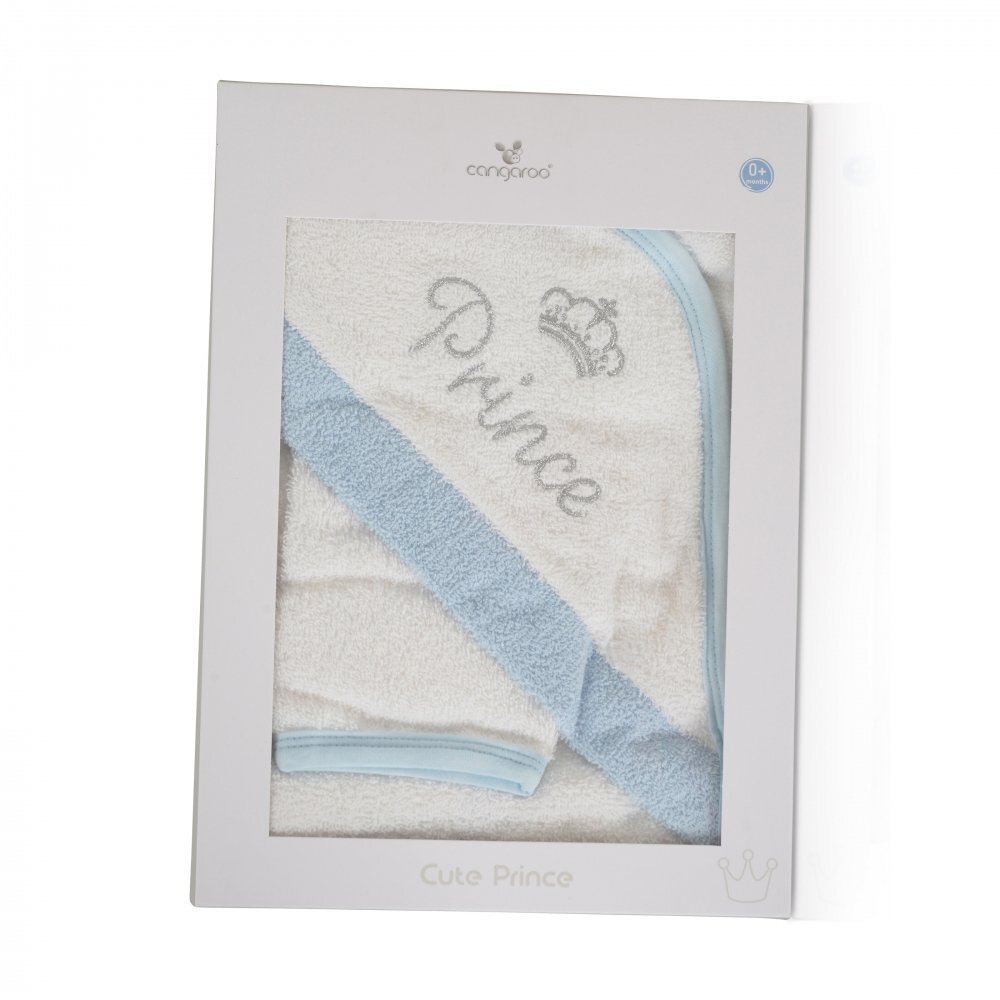 CANGAROO Set prosop cu gluga pentru bebelusi Cute Prince Blue si manusa de baie din bumbac absorbantdimensiune 75x75 cmrecomandat de la nastere