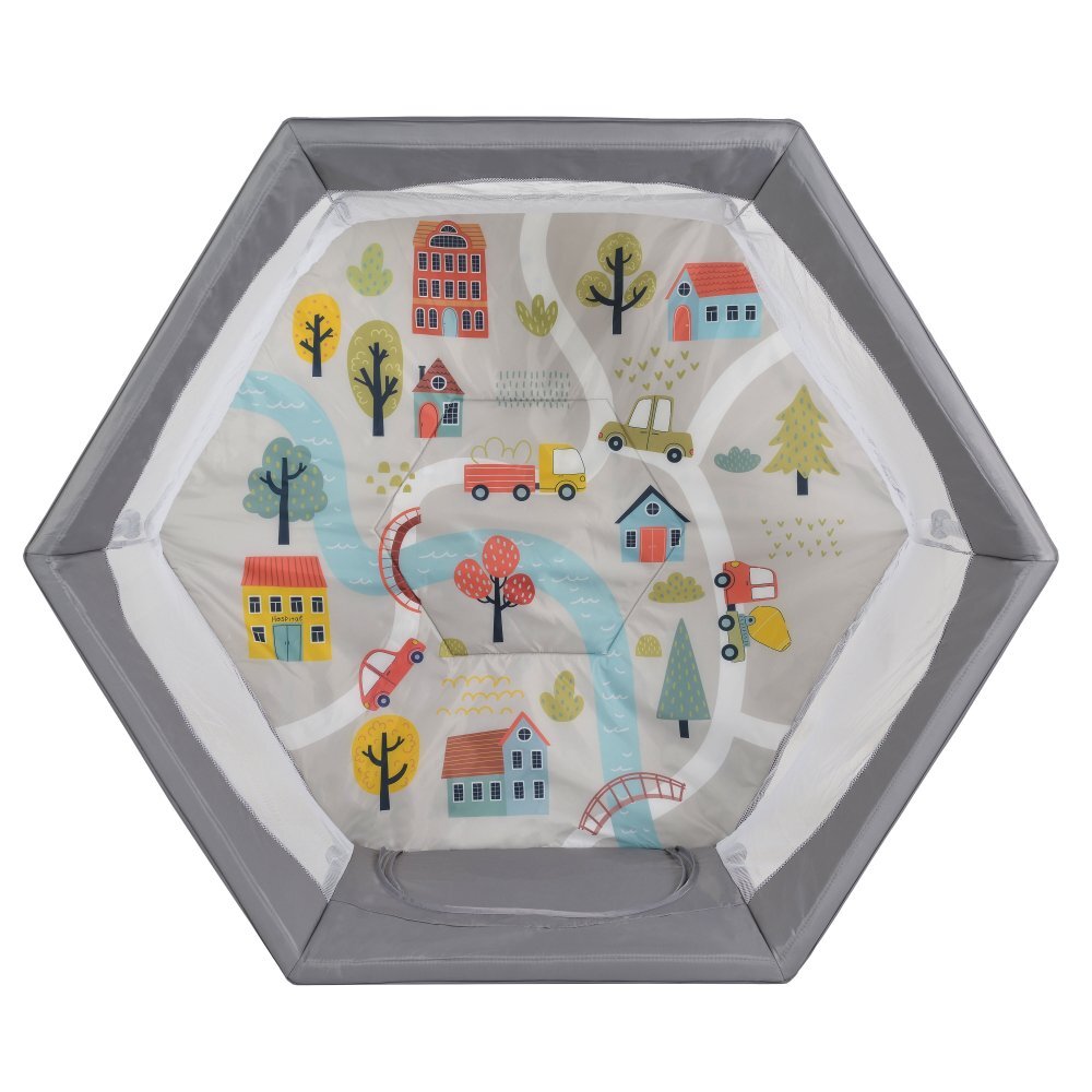 CANGAROO Tarc de joaca hexagonal pentru copii Playbox Greypliabil compactbaza termoizolantapereti cu plasa interioara 360 pentru vizibilitate si ventilatieintrare cu fermoarconstructie usoara si stabila 139x118x74.5 cm