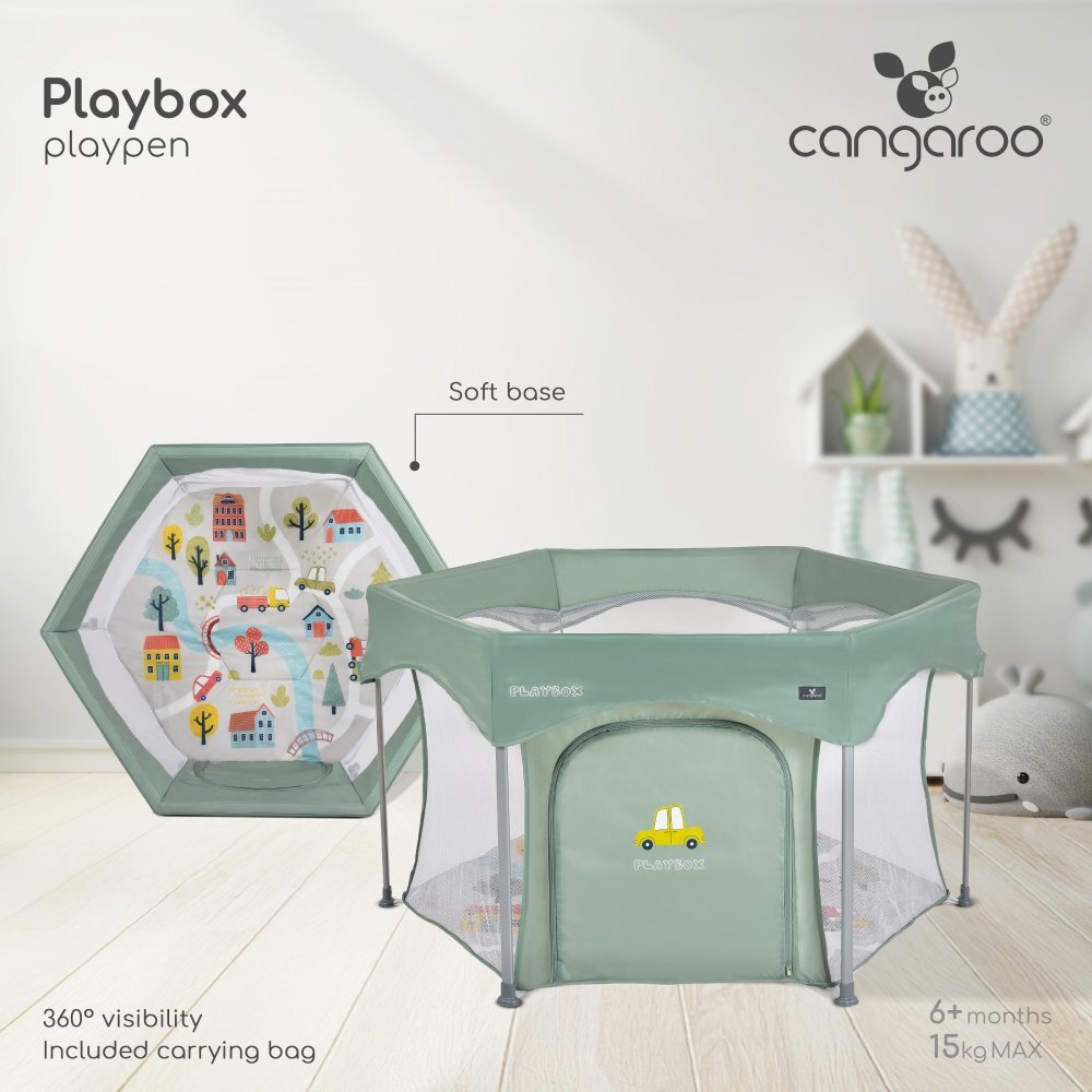 CANGAROO Tarc de joaca hexagonal pentru copii Playbox Pinkpliabil compactbaza termoizolantapereti cu plasa interioara 360 pentru vizibilitate si ventilatieintrare cu fermoarconstructie usoara si stabila139x118x74.5 cm