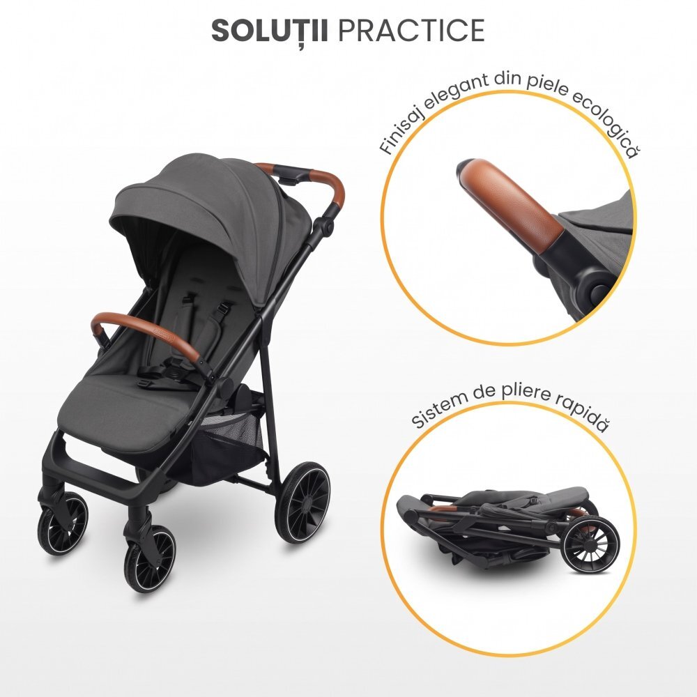 CARETERO Carucior pentru copii Elma Dark Grey 0-4 anispatar reglabil roti EVA copertina extensibila maner parental reglabil husa de ploaie si saculet iarna incluse