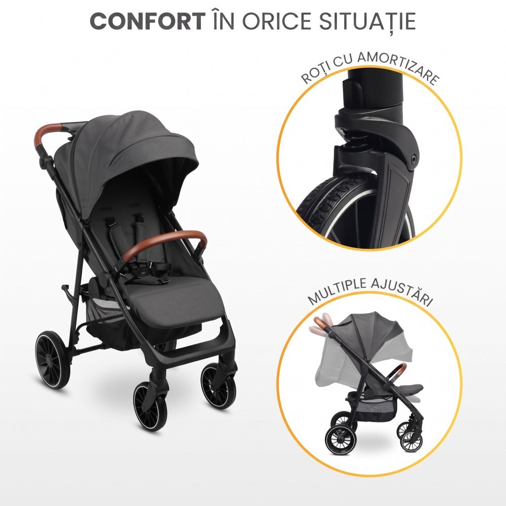 CARETERO Carucior pentru copii Elma Dark Grey 0-4 anispatar reglabil roti EVA copertina extensibila maner parental reglabil husa de ploaie si saculet iarna incluse