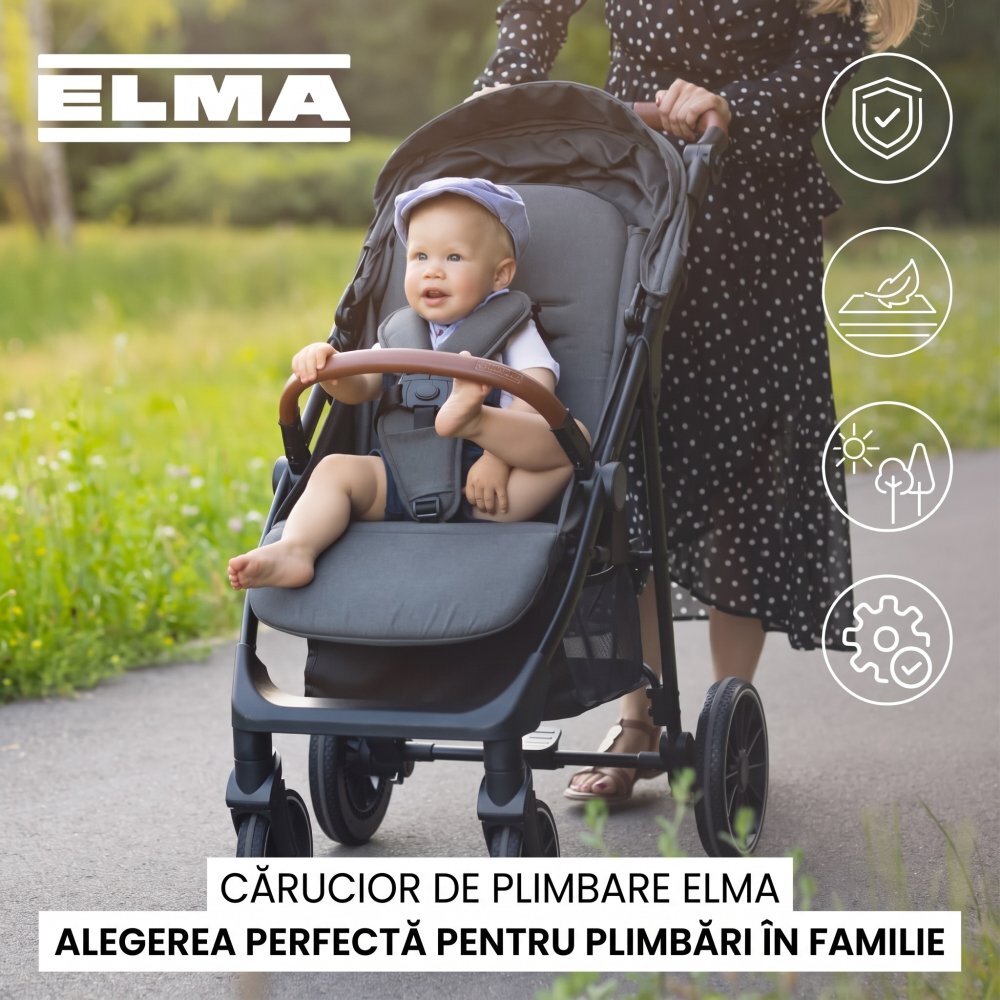 CARETERO Carucior pentru copii Elma Dark Grey 0-4 anispatar reglabil roti EVA copertina extensibila maner parental reglabil husa de ploaie si saculet iarna incluse