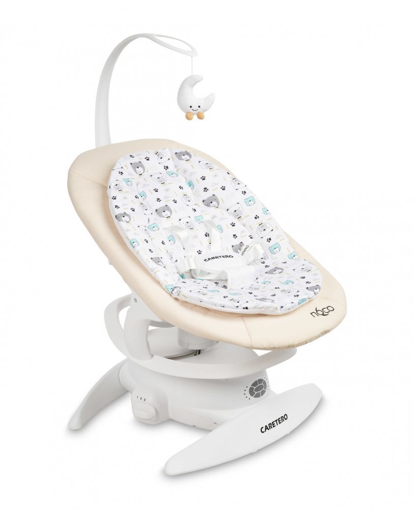 CARETERO Leagan electric si sezlong 2in1 pentru copii Noco Beige cu sezut rotativ 360senzor inteligent de miscare5 vitezepanou cu muzica si sunete naturatelecomandacentura de siguranta