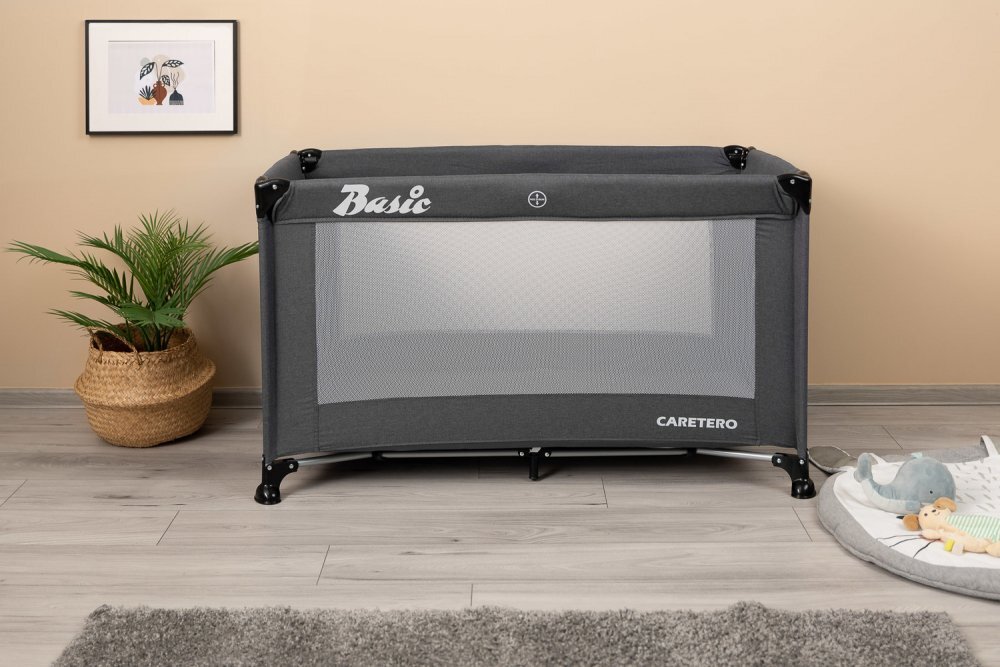 CARETERO Patut pliabil pentru copii Basic Graphite cu un nivelfereastra acces cu fermoar saltea pliabila 120x690 cm si geanta transport incluse greutate admisa 15 kg dimensiune 125x66x75.5 cm
