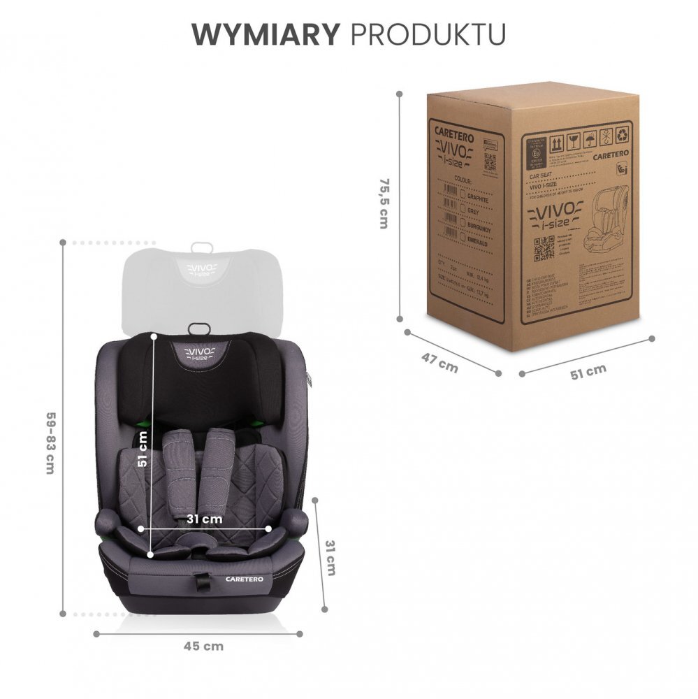 CARETERO Scaun auto copii Vivo Grey i-Size 76-150 cmcertificat R12903tetiera reglabilahusa detasabilacenturi cu pernute moipernuta reductor inclusa