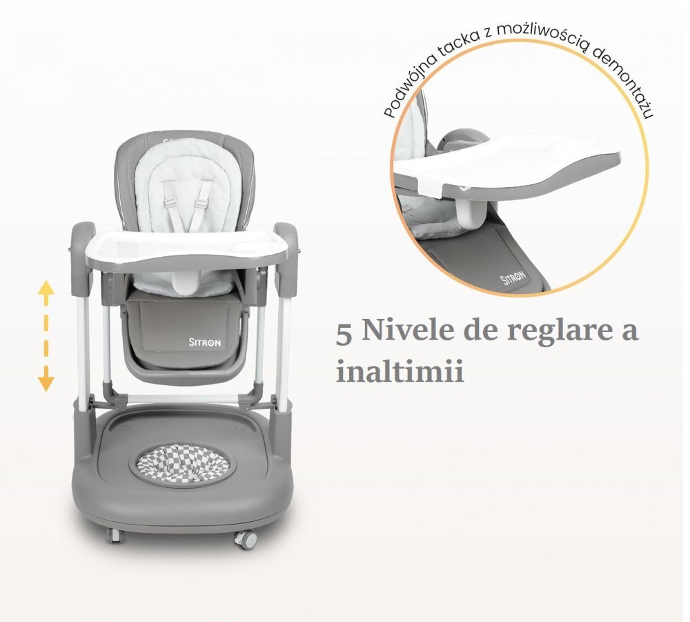 CARETERO Scaun de masa multifunctional Sitron Gri 3in1 transformabil in scaun de masabalansoarpremergator masuta si suport picioare reglabile inaltime ajustabila roti silentioase centuri de siguranta pernuta reductor