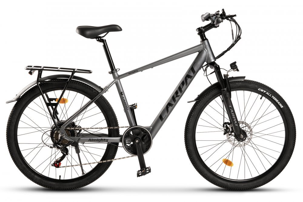 CARPAT Bicicleta Electrica E-Bike MTB Almighty C26518E GriNegru roti 26 inch inaltime utilizator 150-165 cm greutate suportata 120 kg viteza maxima25 kmh autonomie acumulator 60 km