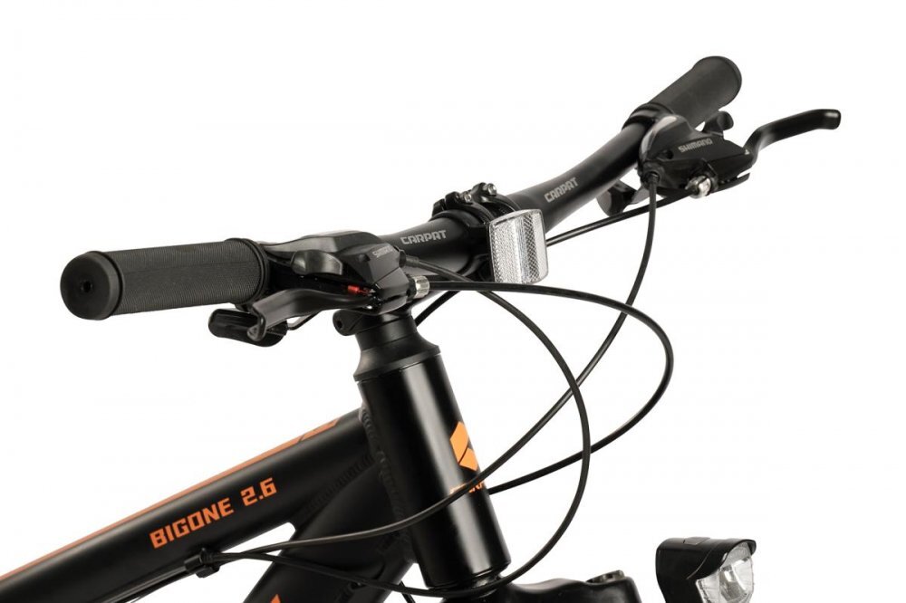 CARPAT Bicicleta MTB-Fat Bike Bigone C26278G NegruPortocaliu Schimbator spate Shimano Altus 16 viteze roti 26 inch frane mecanice disc inaltime utilizator 150-195 cm greutate suportata 120 kg