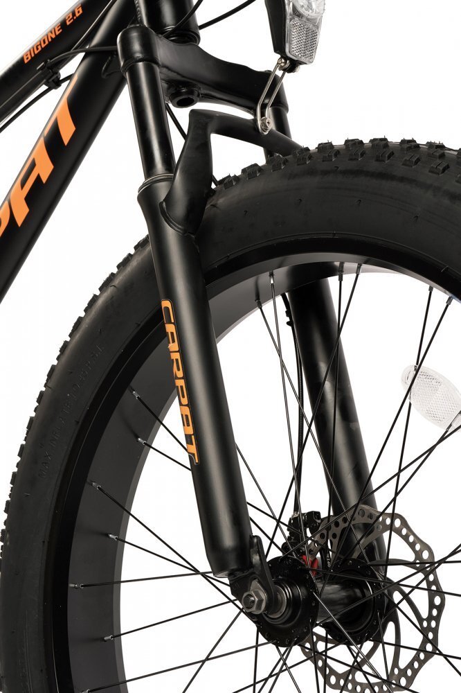 CARPAT Bicicleta MTB-Fat Bike Bigone C26278G NegruPortocaliu Schimbator spate Shimano Altus 16 viteze roti 26 inch frane mecanice disc inaltime utilizator 150-195 cm greutate suportata 120 kg