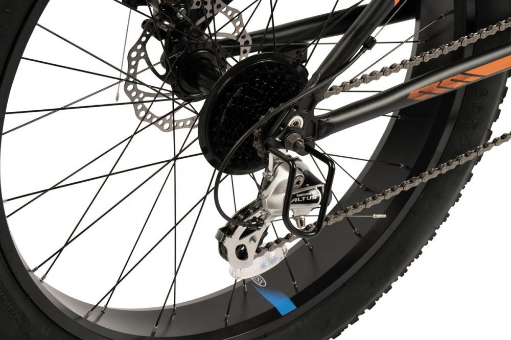 CARPAT Bicicleta MTB-Fat Bike Bigone C26278G NegruPortocaliu Schimbator spate Shimano Altus 16 viteze roti 26 inch frane mecanice disc inaltime utilizator 150-195 cm greutate suportata 120 kg