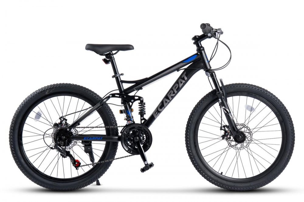 CARPAT Bicicleta MTB Full-Suspension E- E2460A NegruGriAlbastru roti 24 inch inaltime utilizator 130-150 cm greutate suportata 100 kg