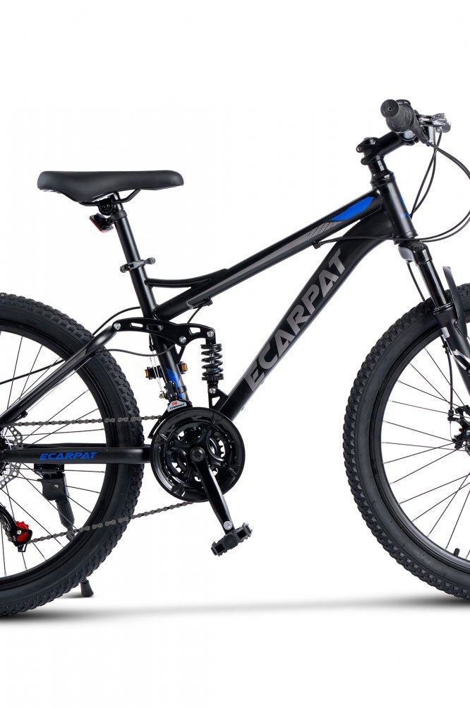 CARPAT Bicicleta MTB Full-Suspension E- E2460A NegruGriAlbastru roti 24 inch inaltime utilizator 130-150 cm greutate suportata 100 kg