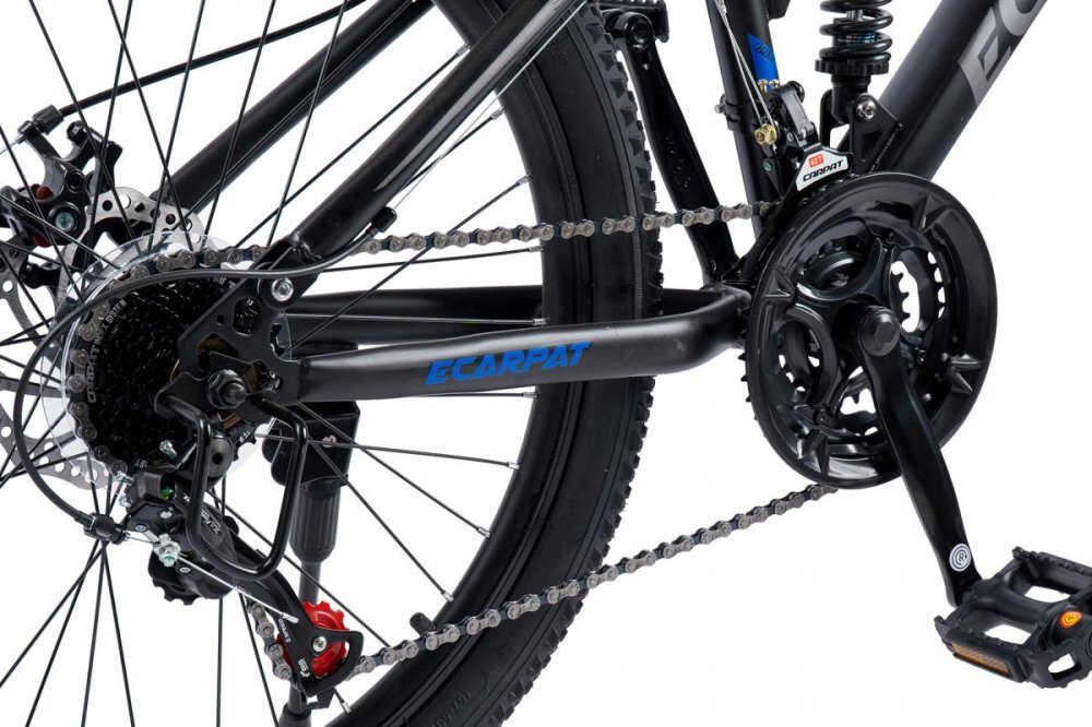 CARPAT Bicicleta MTB Full-Suspension E- E2460A NegruGriAlbastru roti 24 inch inaltime utilizator 130-150 cm greutate suportata 100 kg