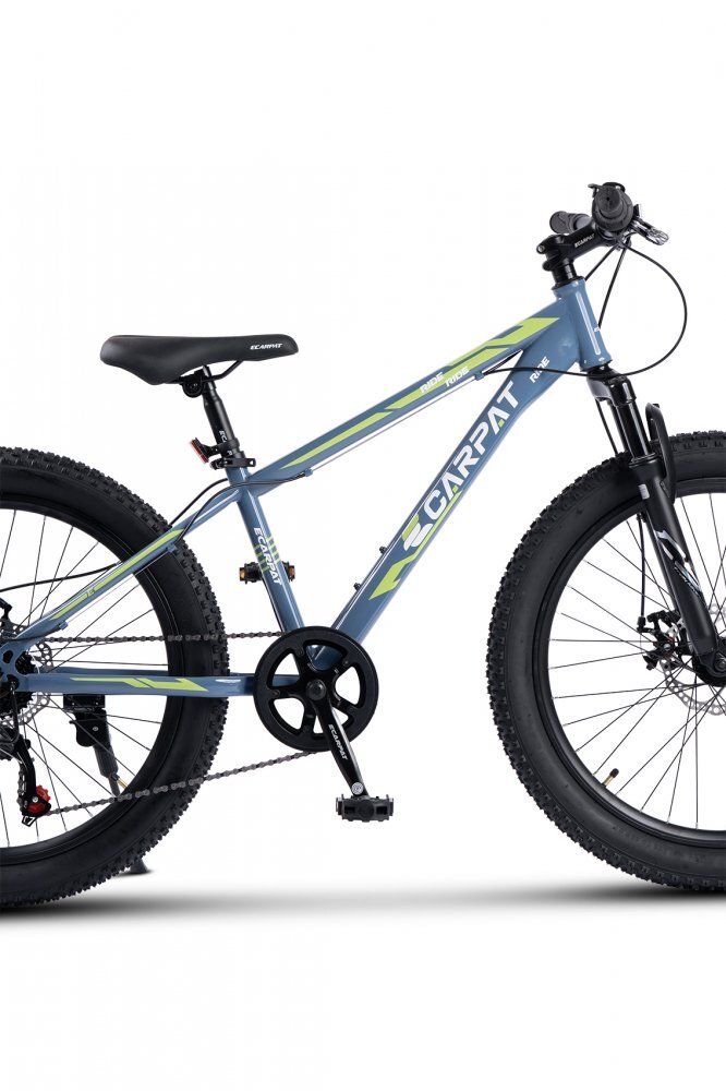 CARPAT Bicicleta pentru copii E Ride S24109C AlbastruVerde 24 inch echipare Shimano anvelope late furca cu suspensie frane disc 7 viteze