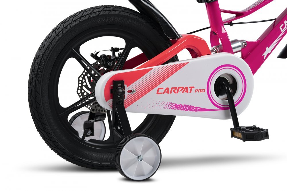 CARPAT Bicicleta pentru copii PRO C16144B 16 inch FucsiaRoz 4-6 ani Cadru aluminiu cu Suspensie Frane mecanice disc Aparatoare lant Janta Magneziu Aparatori noroi fataspate Sonerie