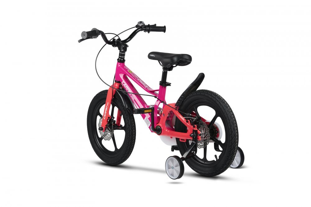 CARPAT Bicicleta pentru copii PRO C16144B 16 inch FucsiaRoz 4-6 ani Cadru aluminiu cu Suspensie Frane mecanice disc Aparatoare lant Janta Magneziu Aparatori noroi fataspate Sonerie