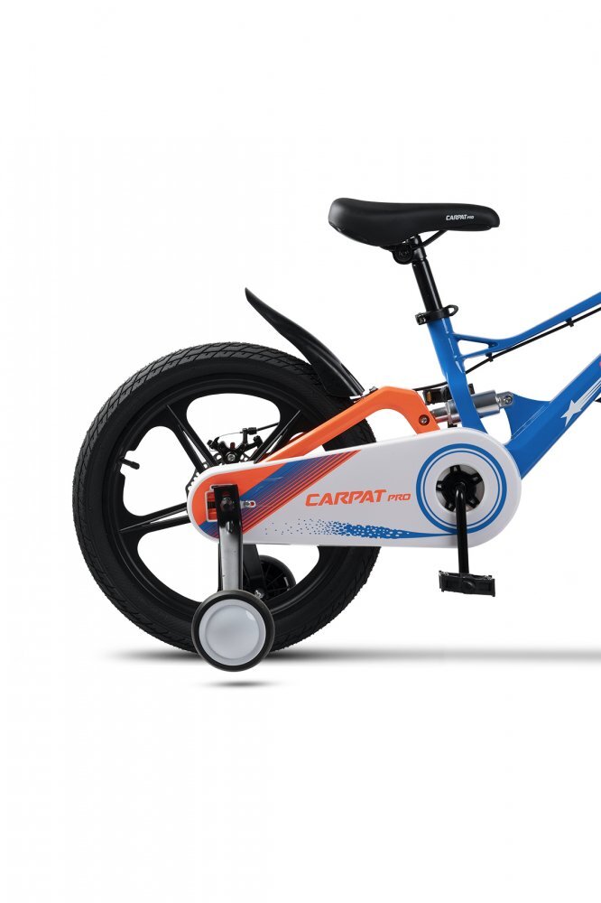 CARPAT Bicicleta pentru copii PRO C18144B 18 inch AlbastruPortocaliu 5-7 ani Cadru aluminiu cu Suspensie Frana spate tambur frana fata V-Brake Aparatoare lant Janta Magneziu Aparatori noroi fataspate Sonerie