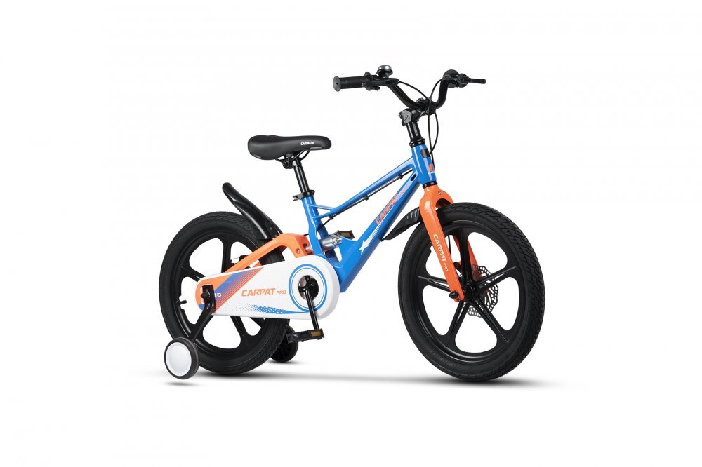 CARPAT Bicicleta pentru copii PRO C18144B 18 inch AlbastruPortocaliu 5-7 ani Cadru aluminiu cu Suspensie Frana spate tambur frana fata V-Brake Aparatoare lant Janta Magneziu Aparatori noroi fataspate Sonerie