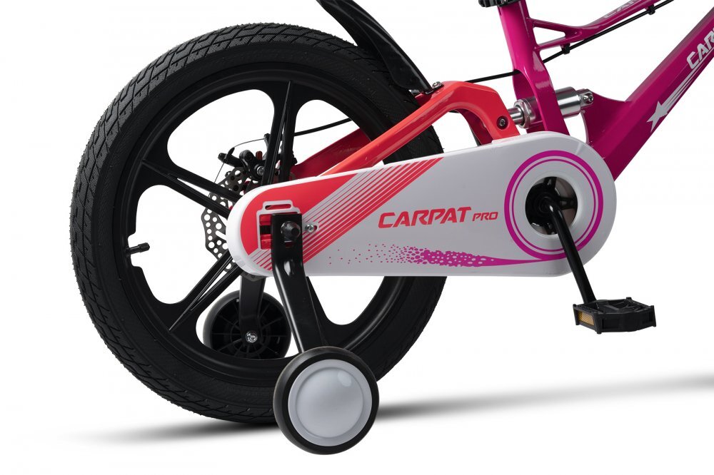 CARPAT Bicicleta pentru copii PRO C18144B 18 inch FucsiaRoz 5-7 ani Cadru aluminiu cu Suspensie Frana spate tambur frana fata V-Brake Aparatoare lant Janta Magneziu Aparatori noroi fataspate Sonerie
