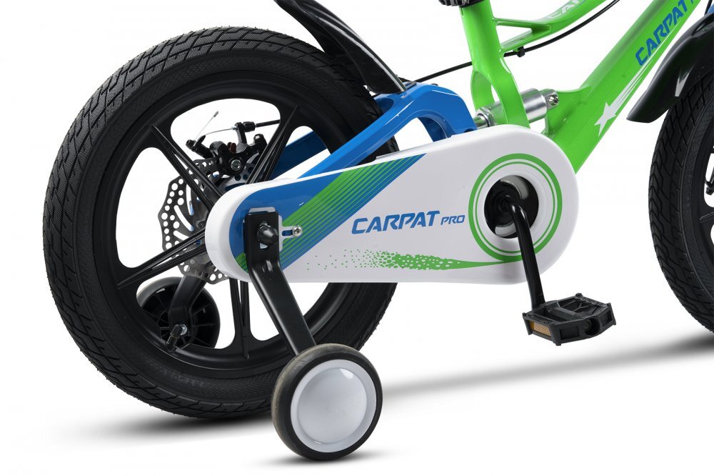 CARPAT Bicicleta pentru copii PRO C18144B 18 inch VerdeAlbastru 5-7 ani Cadru aluminiu cu Suspensie Frana spate tambur frana fata V-Brake Aparatoare lant Janta Magneziu Aparatori noroi fataspate Sonerie