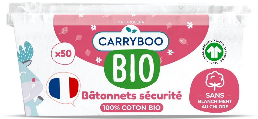 Carryboo Betisoare cu bumbac Bio securizate pentru bebelusi 50 bucati