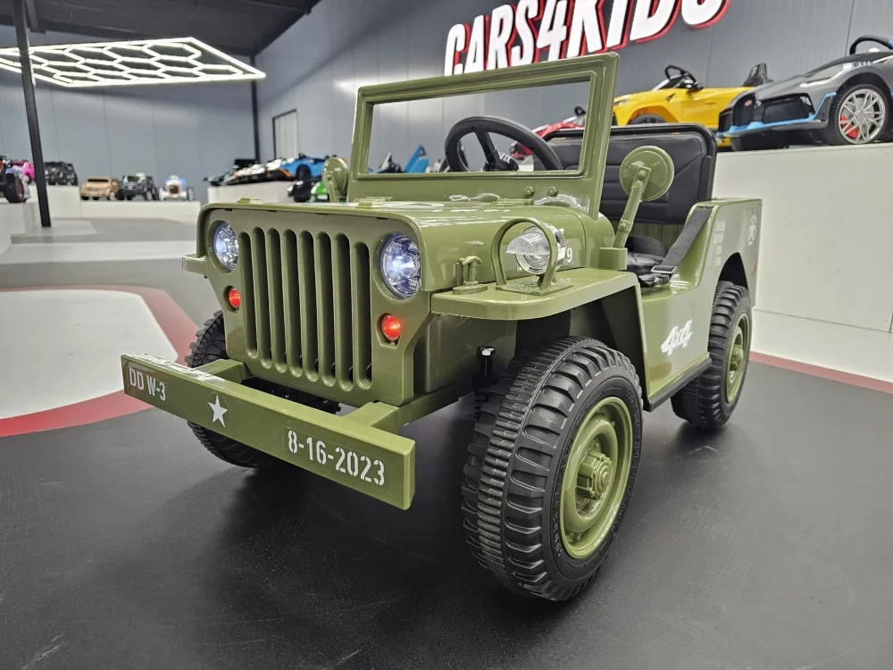 Cars4Kids Jeep electric pentru copii Willy 12V Verde Militar design Retro telecomanda 2.4G 4 motoare 3-5 ani