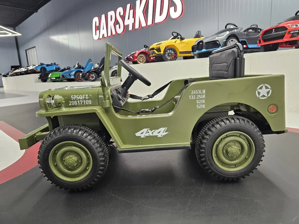 Cars4Kids Jeep electric pentru copii Willy 12V Verde Militar design Retro telecomanda 2.4G 4 motoare 3-5 ani