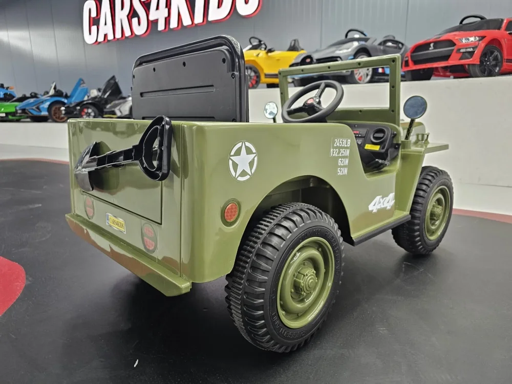 Cars4Kids Jeep electric pentru copii Willy 12V Verde Militar design Retro telecomanda 2.4G 4 motoare 3-5 ani