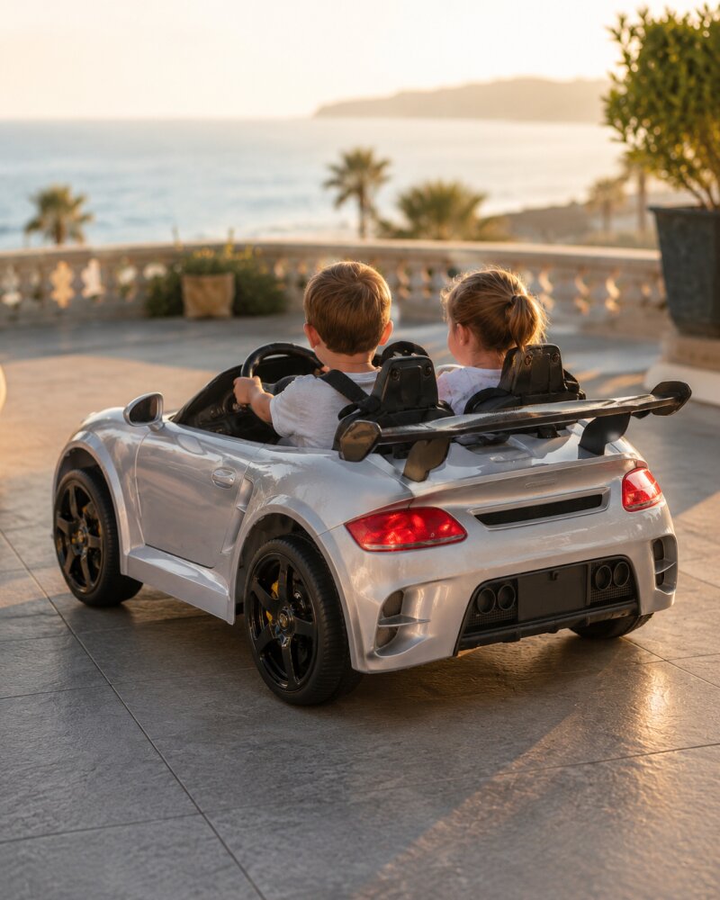 Cars4Kids Masinuta electrica pentru copii Porsche RUF 24V Argintiu Metalic 2 locuri licenta oficiala telecomanda 2.4G scaun piele