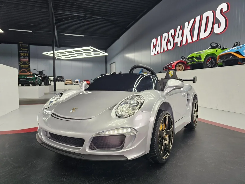 Cars4Kids Masinuta electrica pentru copii Porsche RUF 24V Argintiu Metalic 2 locuri licenta oficiala telecomanda 2.4G scaun piele