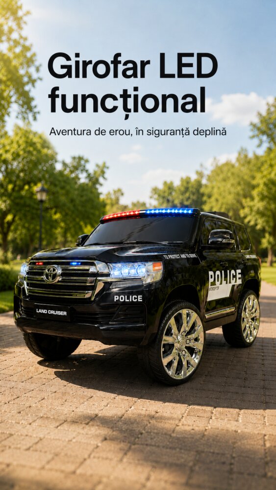 Cars4Kids Masinuta electrica pentru copii Toyota Land Cruiser Police 24V Negru licenta oficiala Toyota girofar Led telecomanda 2.4G 3-5 ani