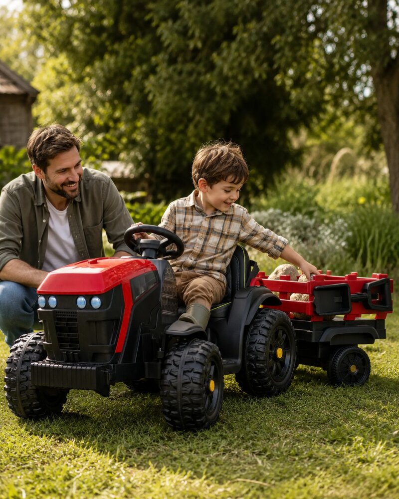 Cars4Kids Tractor electric pentru copii Farmer Rosu 12V cu remorca detasabila telecomanda 2.4G roti EVA scaun piele 3-6 ani