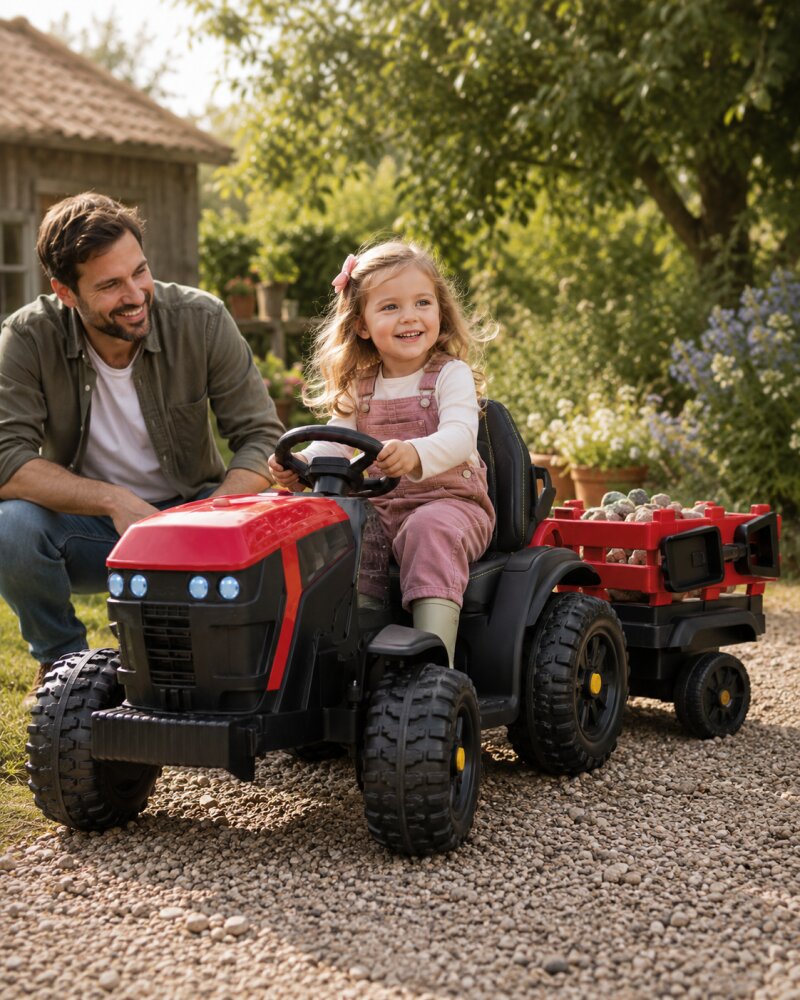 Cars4Kids Tractor electric pentru copii Farmer Rosu 12V cu remorca detasabila telecomanda 2.4G roti EVA scaun piele 3-6 ani