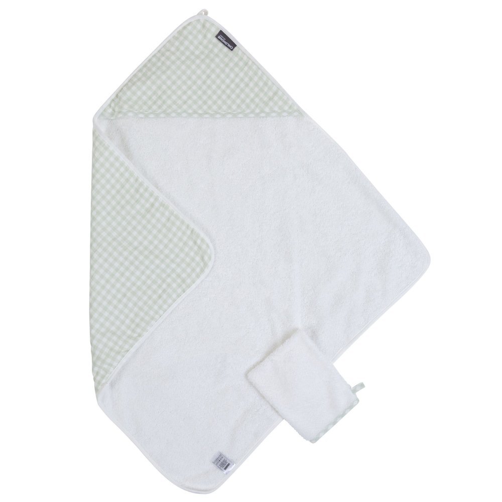 Childhome Prosop cu gluga si manusa de baie 80x80 cm jerse muselina verde