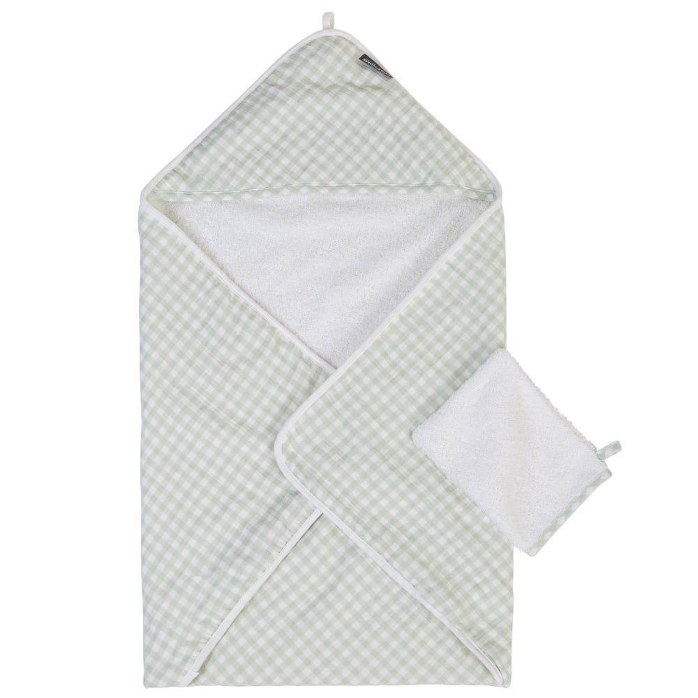 Childhome Prosop cu gluga si manusa de baie 80x80 cm jerse muselina verde