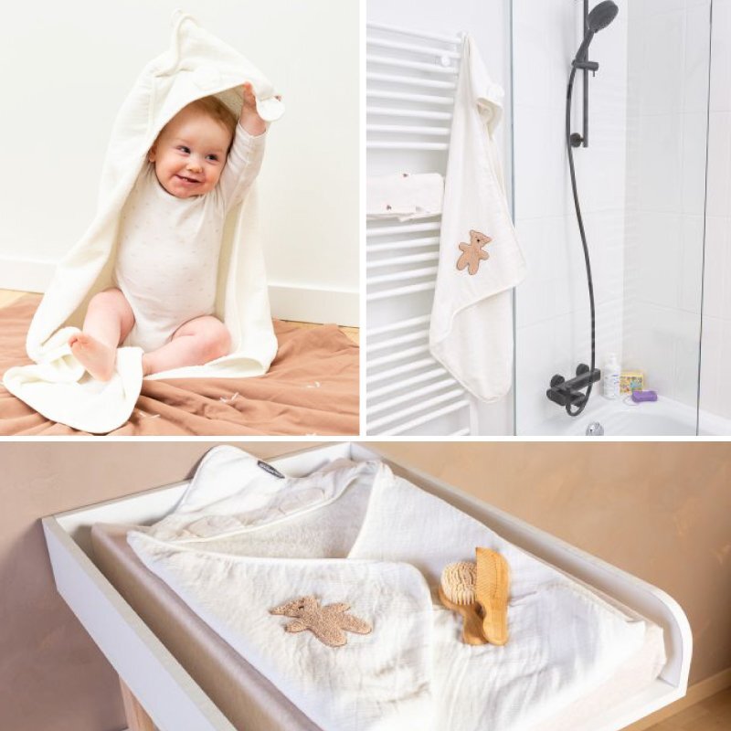 Childhome Prosop cu gluga si manusa de baie 80x80 cm Muselina Terry Teddy