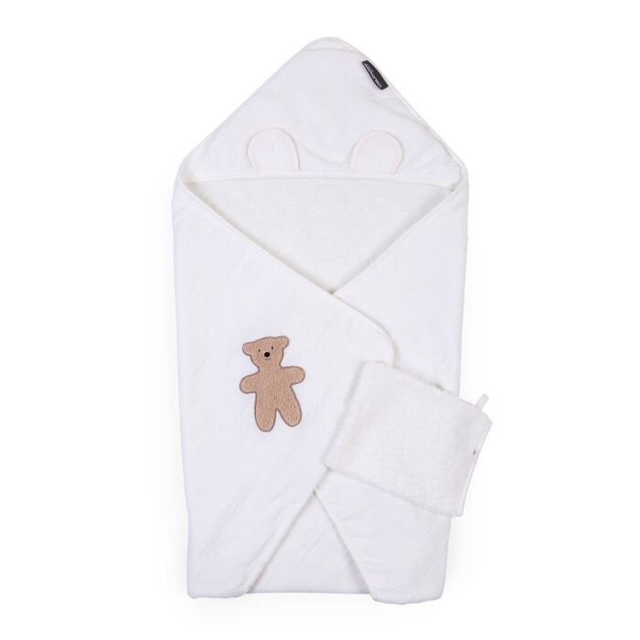 Childhome Prosop cu gluga si manusa de baie 80x80 cm Muselina Terry Teddy