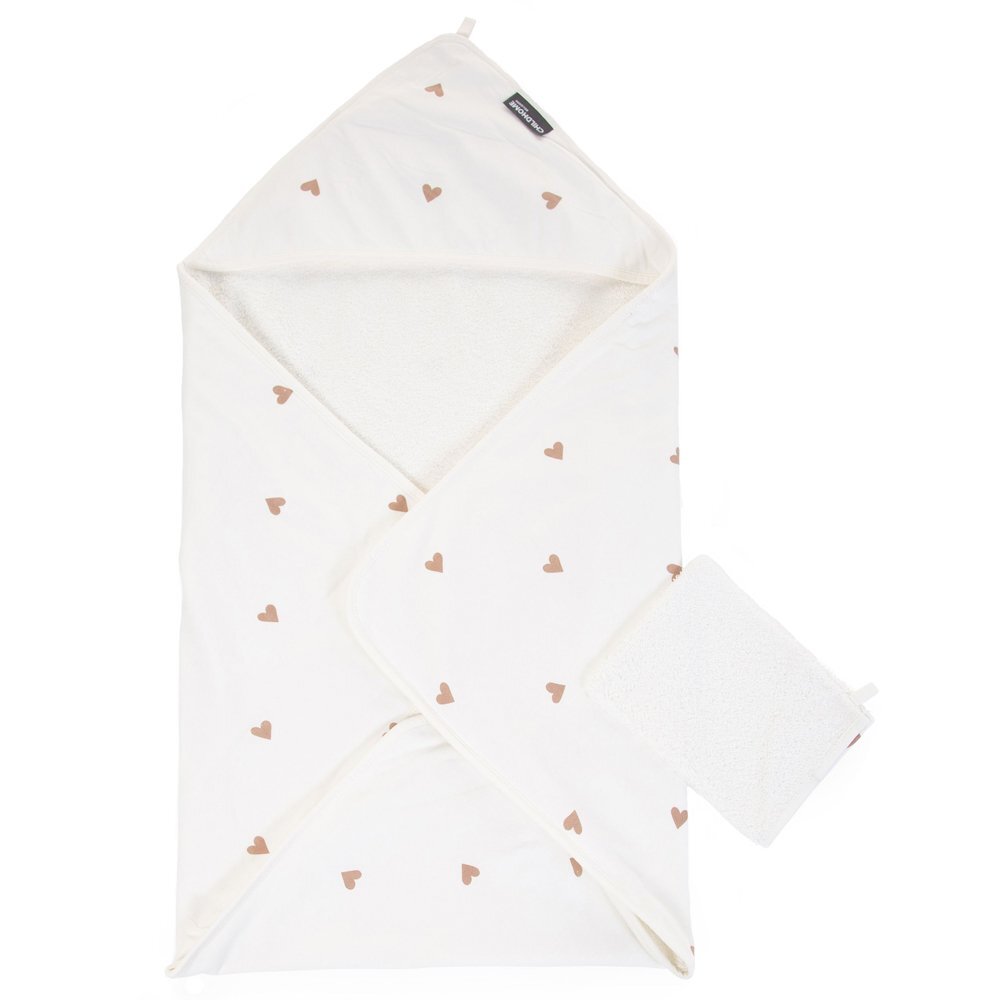 Childhome Prosop cu gluga si manusa de baie Jerse Frotir 80x80 cm inimioare