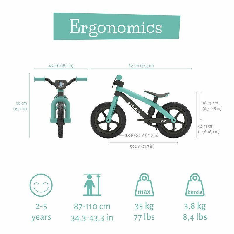 Chillafish Bicicleta copii fara pedale BMXie 02 Mint 12 inch suport pentru picioare si frana integrata varsta 2-5 ani scaun reglabil de la 32 la 39 cm anvelopele RubberSkin
